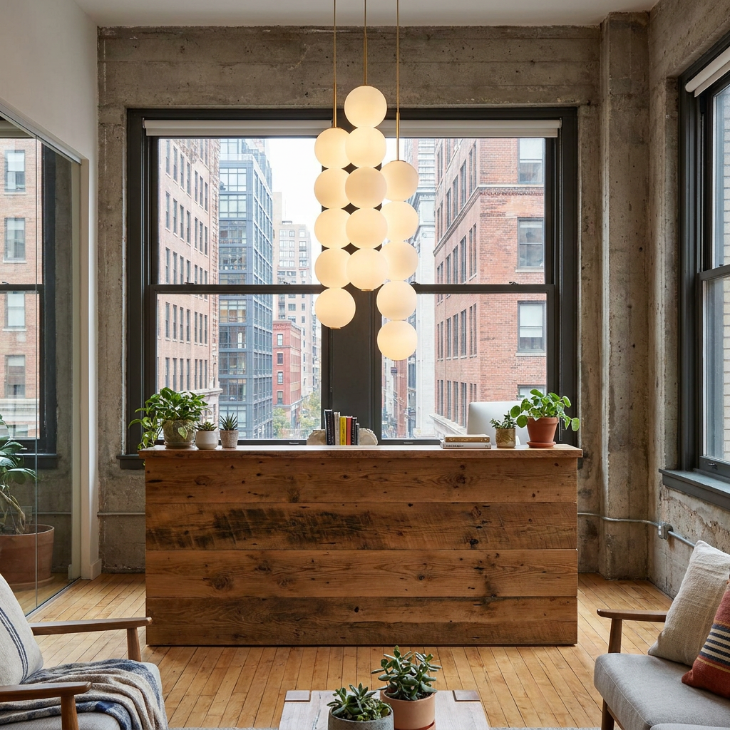 Perlette 3 heads pendant light over the reception desk of a creative office with city buildings outside