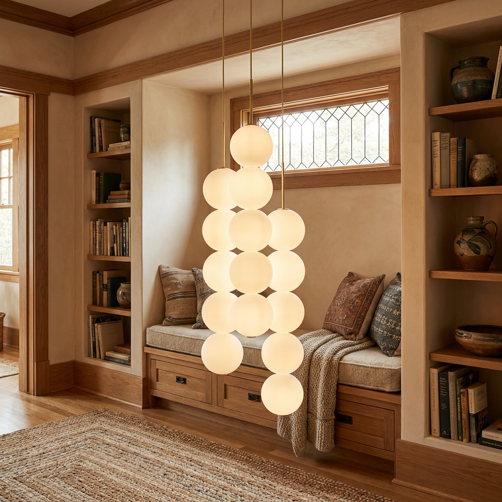 Perlette 3 heads pendant light above a reading nook bench in a craftsman bungalow