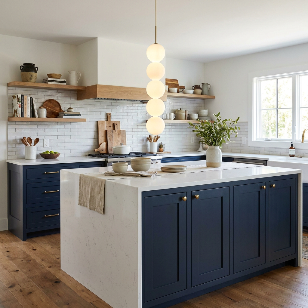 Perlette 1 head pendant light over a white quartz kitchen island in a modern farmhouse with navy cabinets