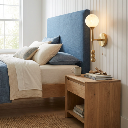 Isaure brushed brass wall sconce beside an upholstered headboard in a coastal New England bedroom