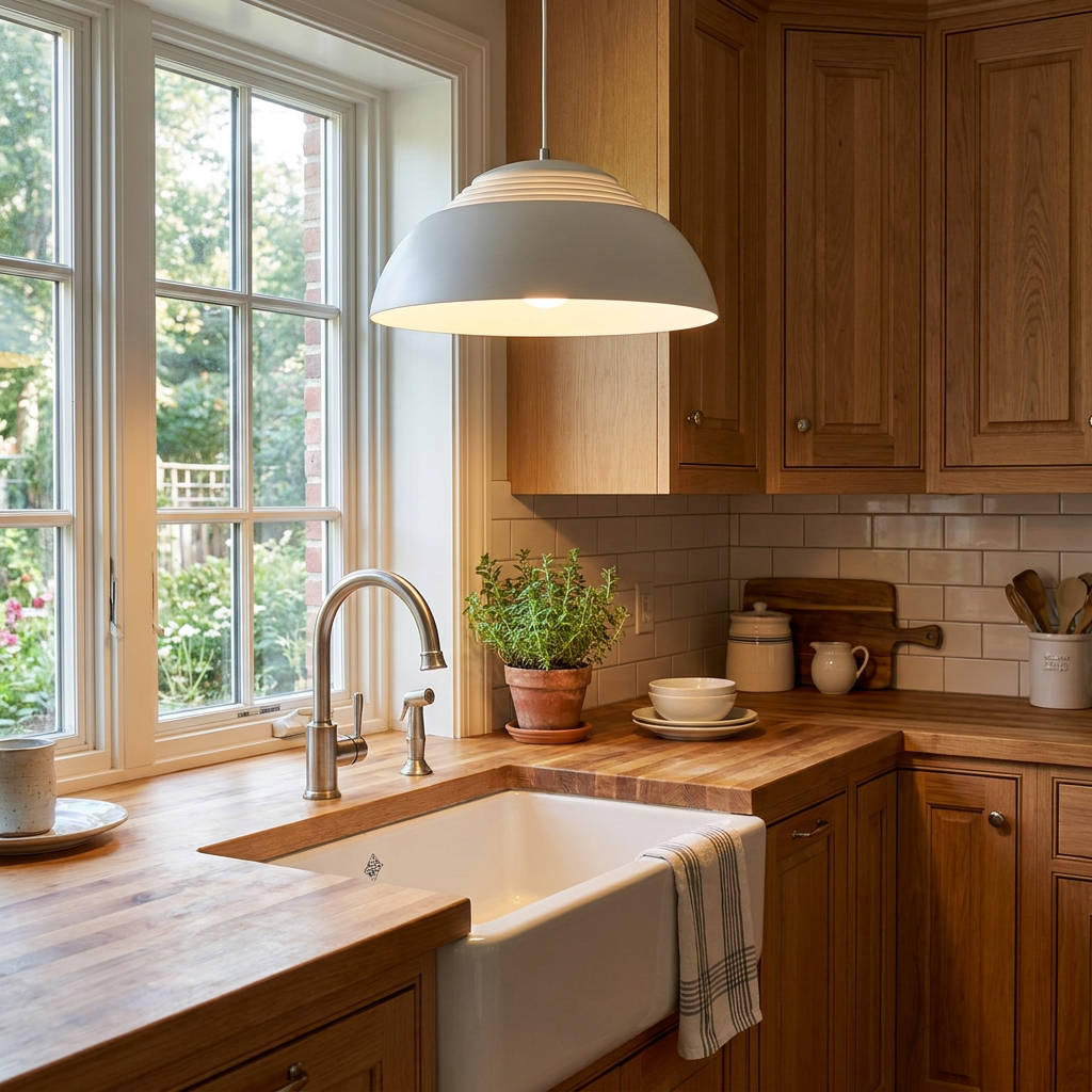 Odeline white pendant light over a farmhouse sink in a cottage kitchen