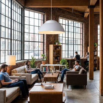 Odeline white pendant light in a coworking space lounge with large windows