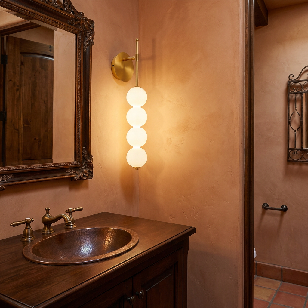 Berenice gold wall sconce on a plaster wall of a Spanish revival powder room
