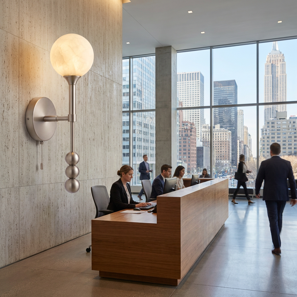 Isaure brushed nickel wall sconce behind the reception desk of a modern American office lobby with city towers outside