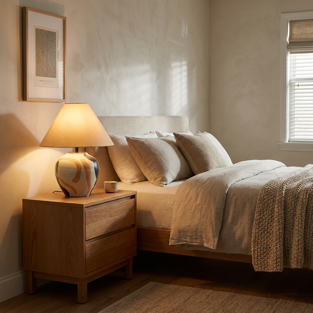 Siena table lamp on a nightstand beside a bed in a transitional suburban bedroom