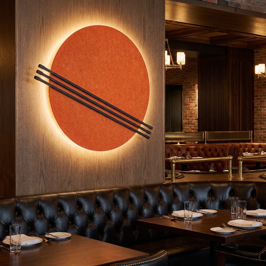 Aurore orange wall sconce on the wall of an upscale American steakhouse dining room with leather booths