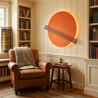 Aurore orange wall sconce beside a reading chair in a cozy home library of a Cape Cod house