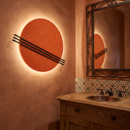 Aurore orange wall sconce on a plaster wall of a Spanish revival powder room