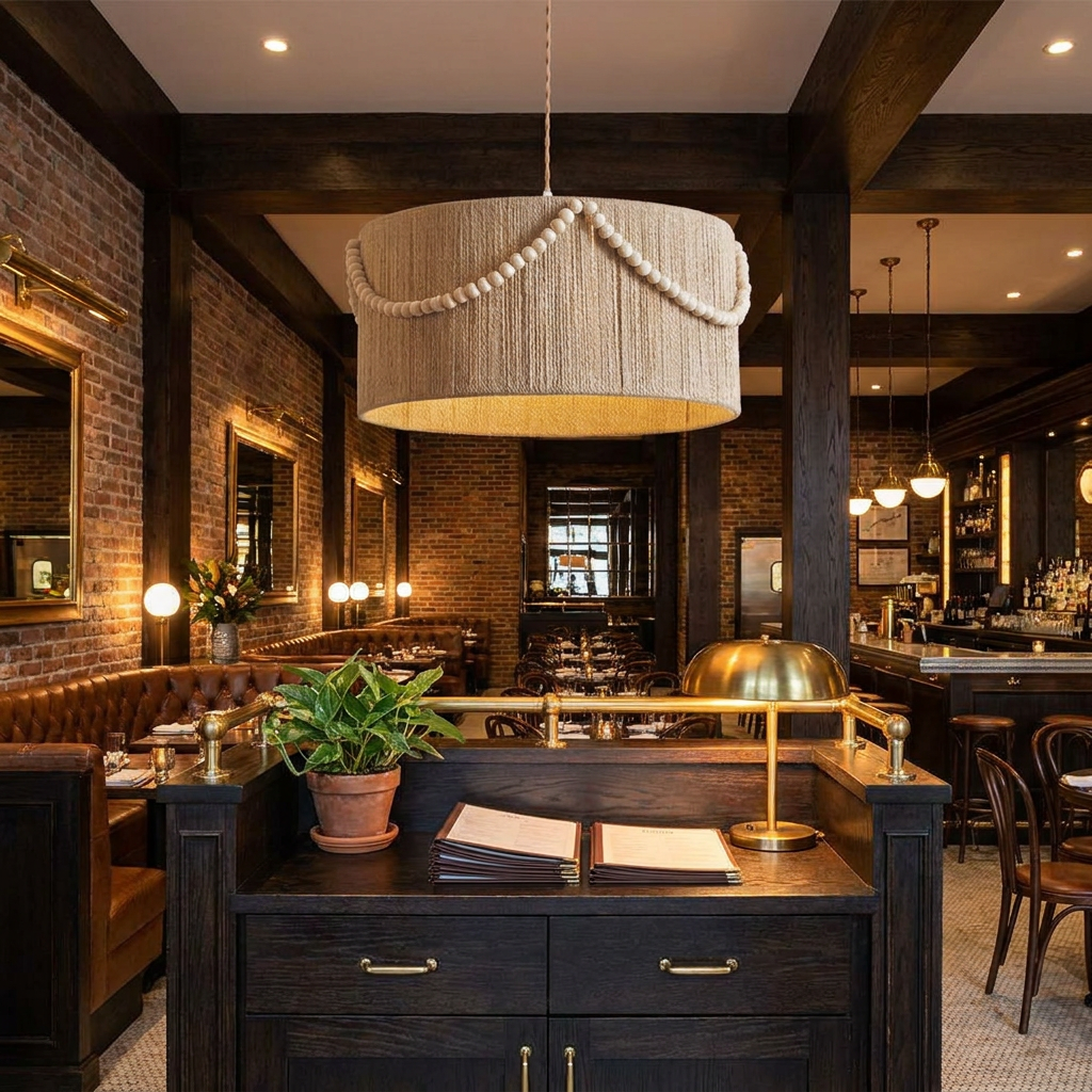 Cordelia pendant light over the host stand of an upscale bistro