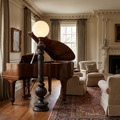 Corinthe ebony floor lamp beside a grand piano in a formal Georgian style living room