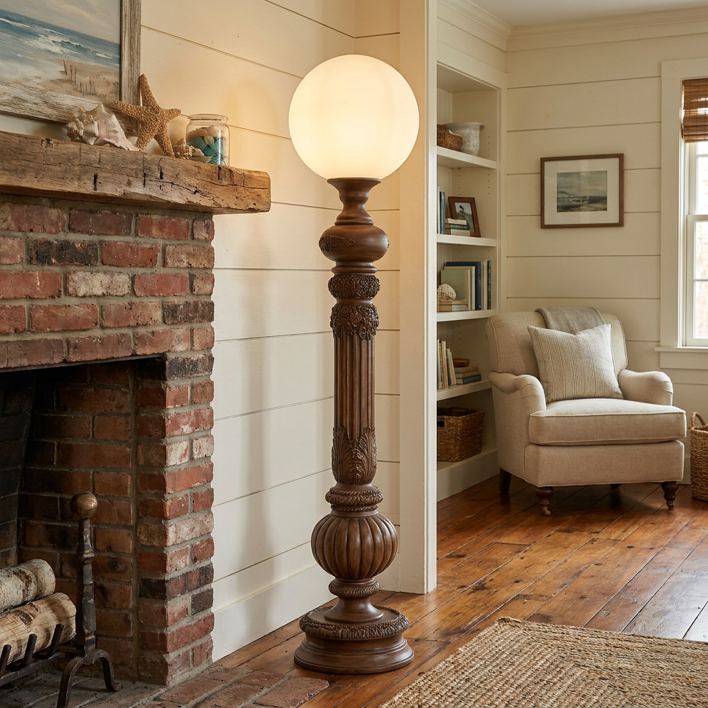 Corinthe walnut floor lamp beside a fireplace in a Cape Cod style den