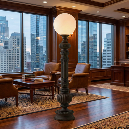 Corinthe ebony floor lamp in the waiting area of an upscale law firm with city towers outside
