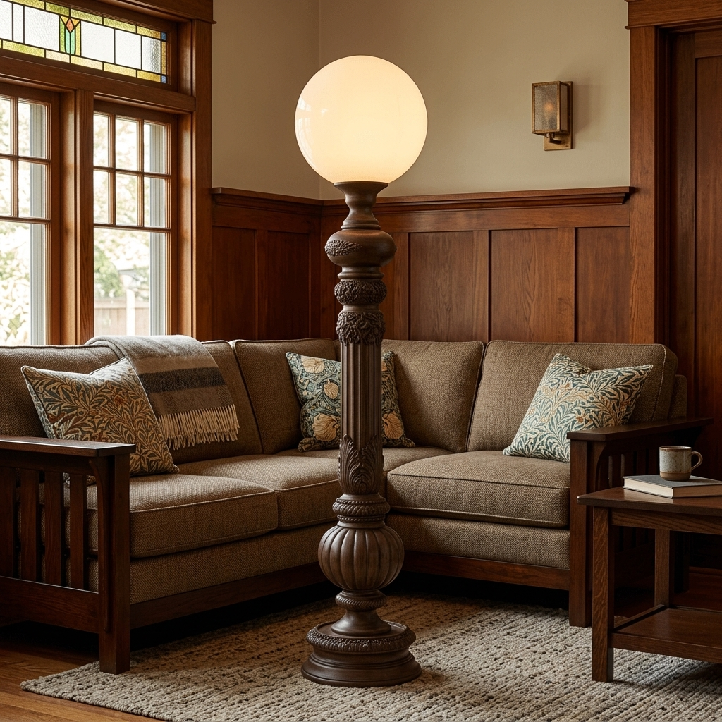 Corinthe walnut floor lamp next to a sectional in a Craftsman bungalow family room