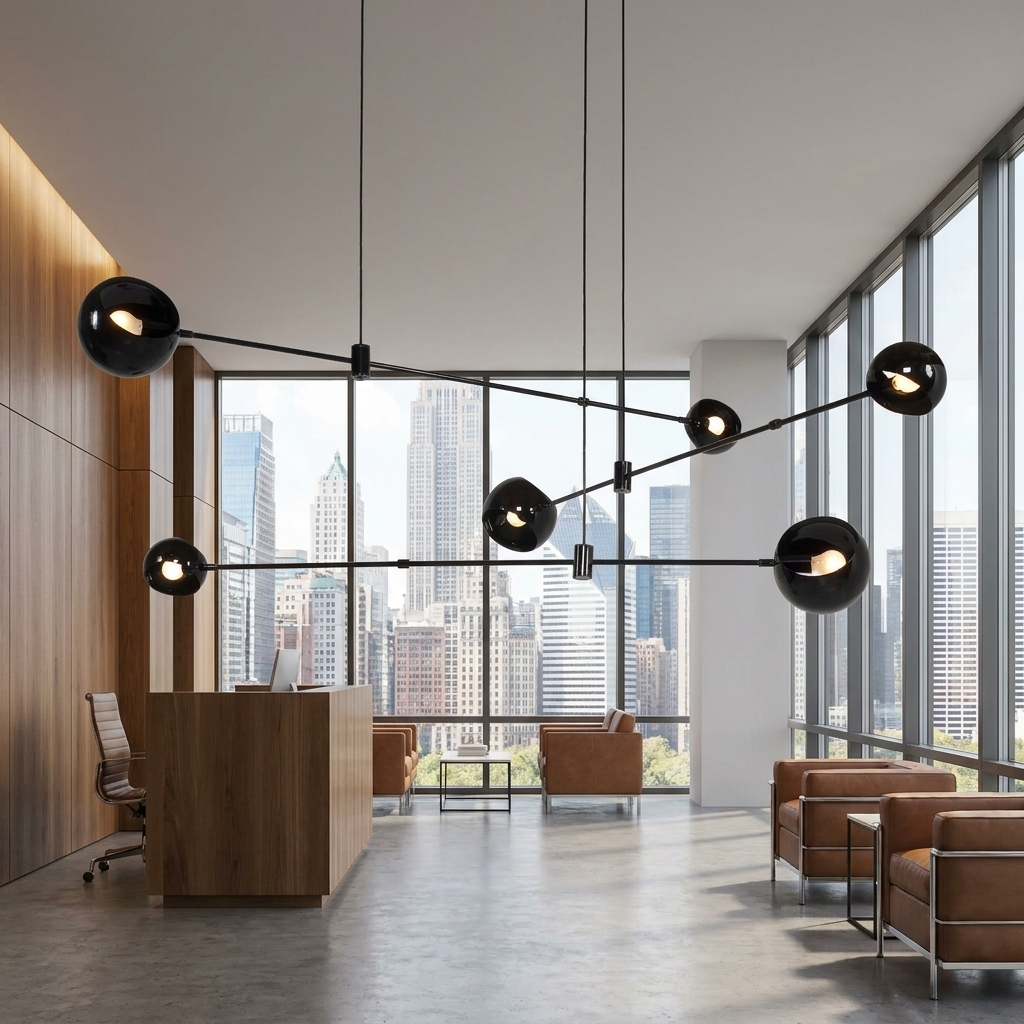 Equilia 6 heads chandelier in the reception lobby of a corporate office with city views