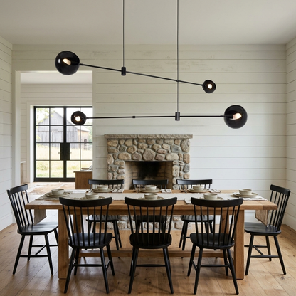 Equilia 4 heads chandelier over a long dining table in a modern farmhouse