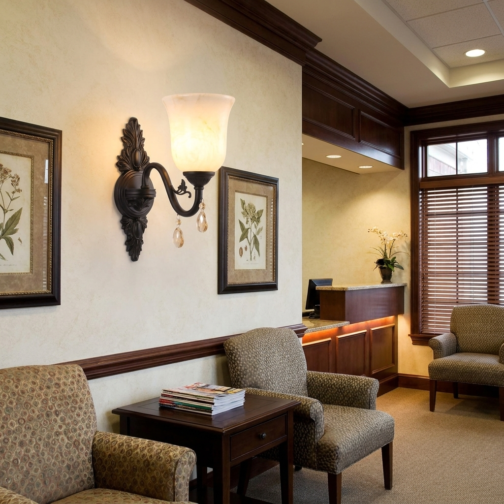 Clotilde matte black wall sconce in the waiting area of a boutique dental or medical office