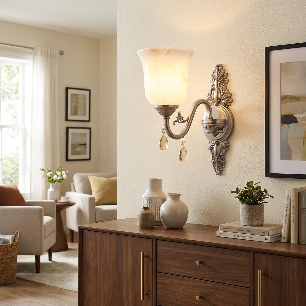 Clotilde nickel wall sconce over a mid-century modern credenza in a suburban living room