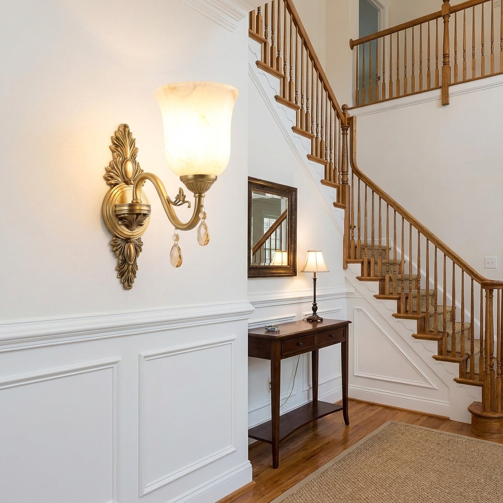Clotilde brass wall sconce in the entry foyer of a colonial style home with white wainscoting and a staircase