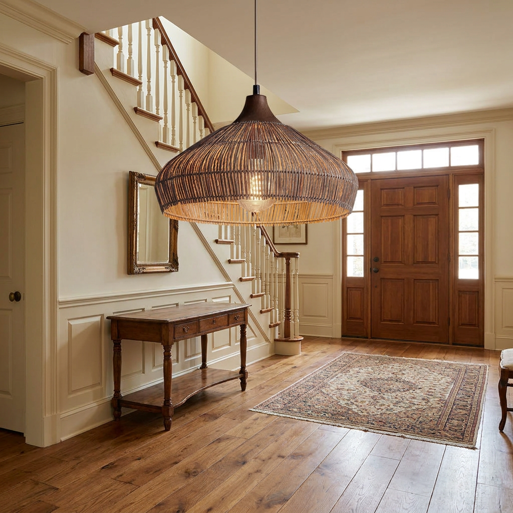 Liora pendant light in the entry foyer of a colonial style home