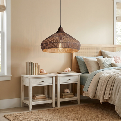 Liora pendant light above bedside nightstands in a coastal bedroom