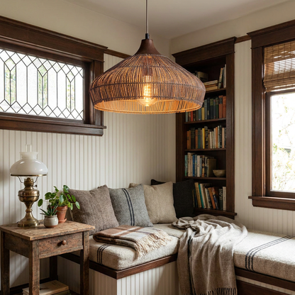 Liora pendant light above a reading nook bench in a craftsman bungalow