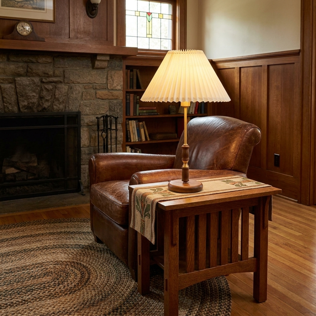 Elodie table lamp on a side table next to a leather sofa in a craftsman living room