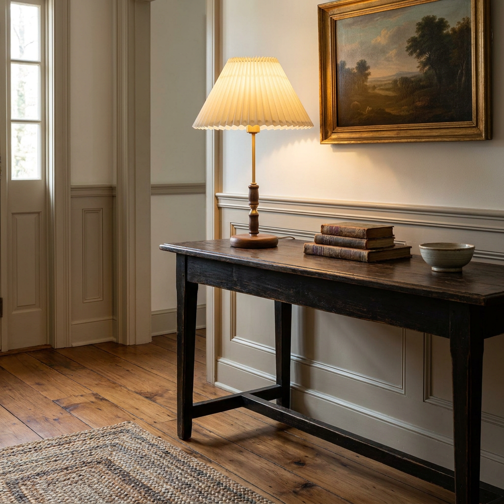 Elodie table lamp on a console table in the entry of a colonial home
