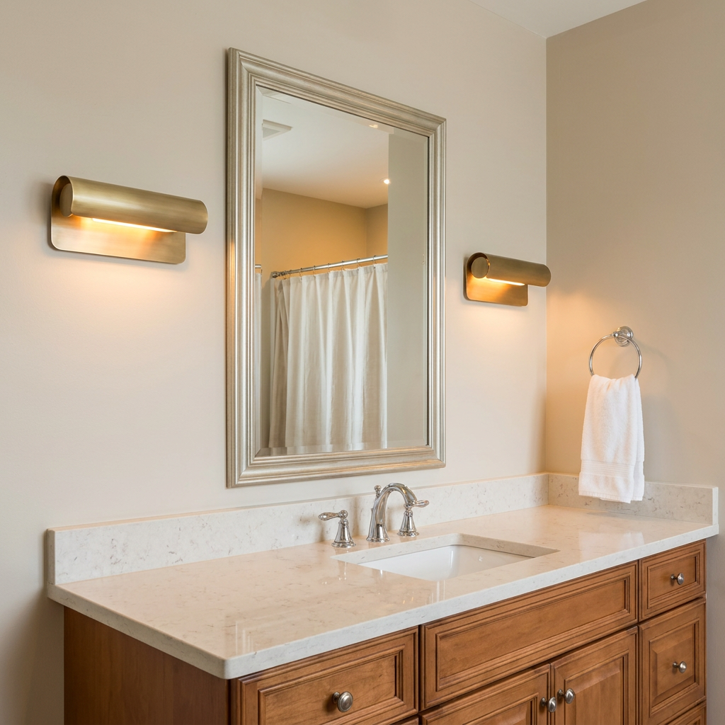 Albane 10 inch wall sconce flanking a bathroom vanity mirror in a transitional American suburban home