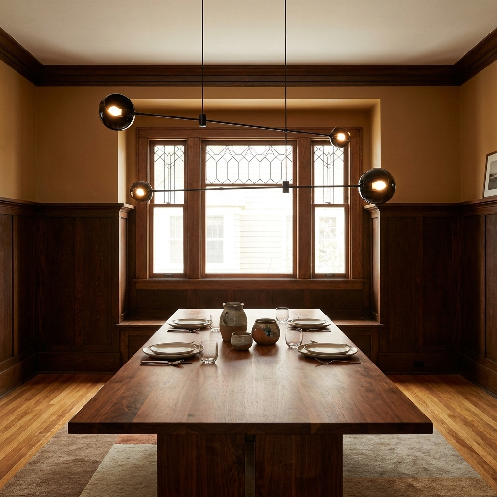Equilia 4 heads chandelier above a walnut dining table in an American craftsman dining room with wainscoting