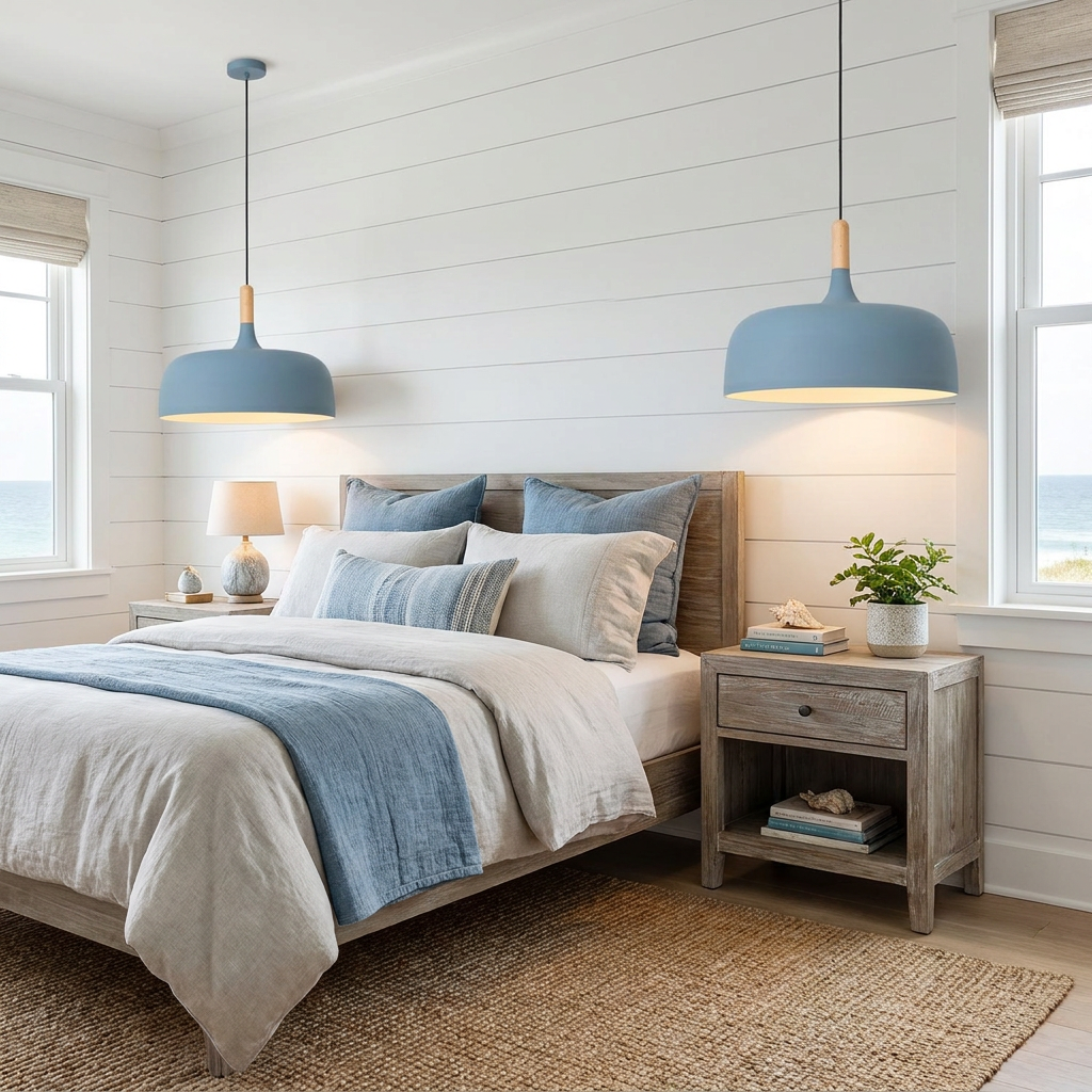 Noisette blue pendant light above bedside nightstands in a coastal bedroom