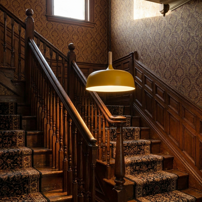 Noisette yellow pendant light in the stairwell of a Victorian style home