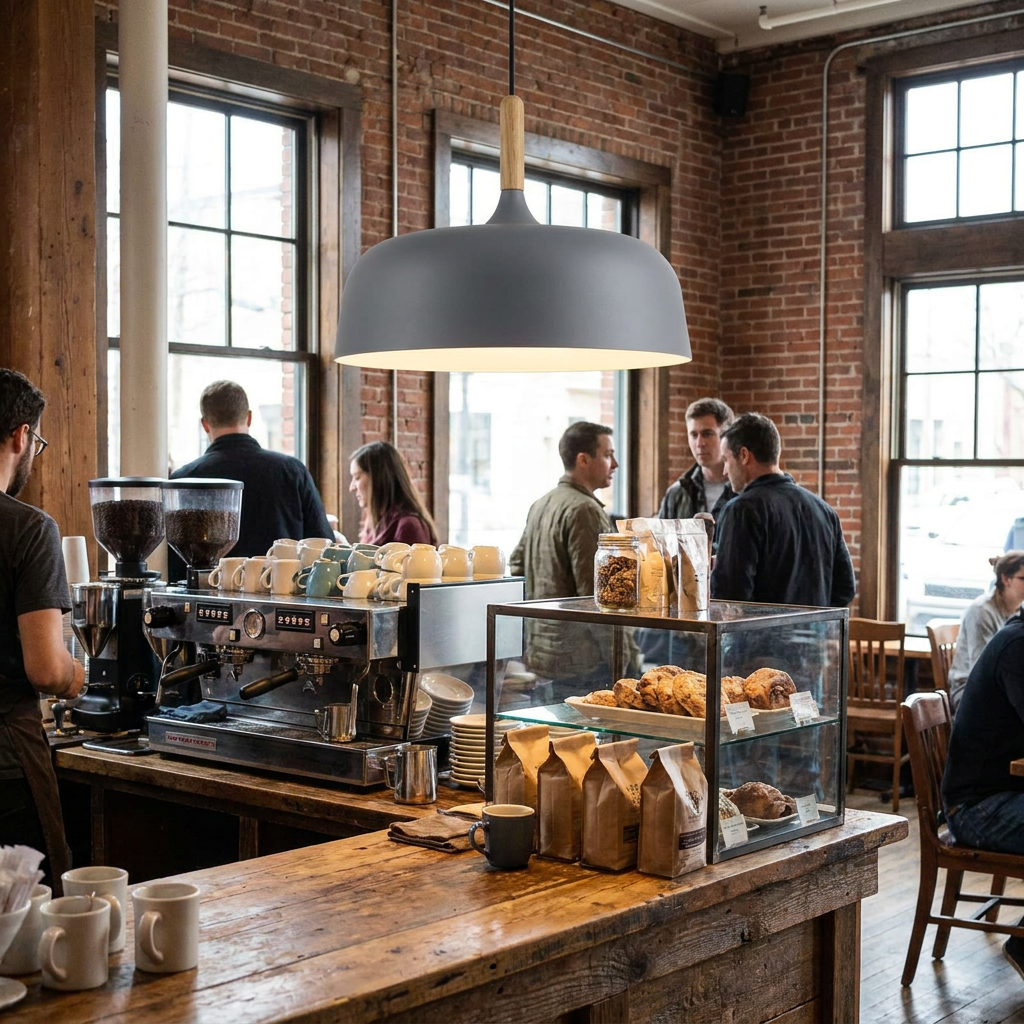 Noisette grey pendant light above the counter of a neighborhood coffee shop