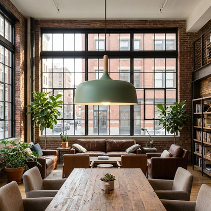 Noisette green pendant light in a coworking space lounge with large windows