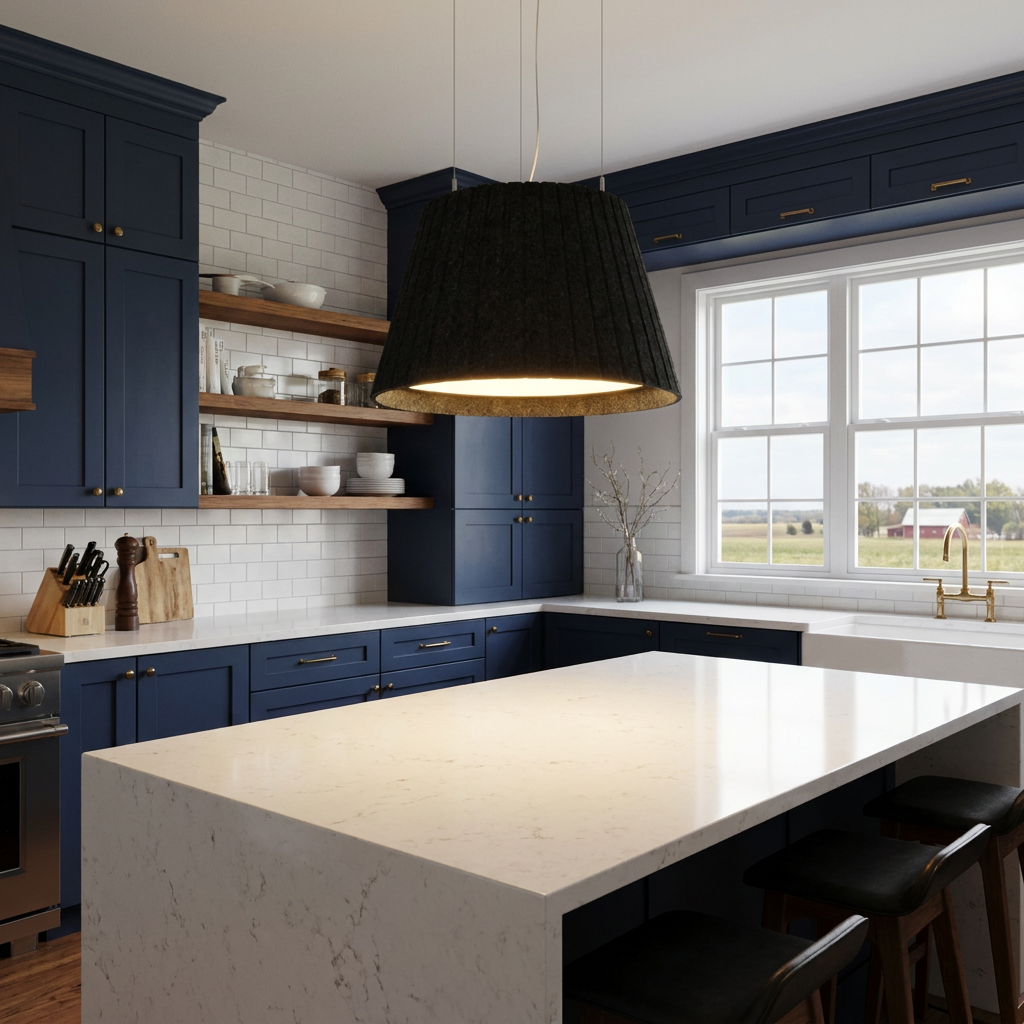 Calma black pendant light over a white quartz kitchen island in a modern farmhouse with navy cabinets