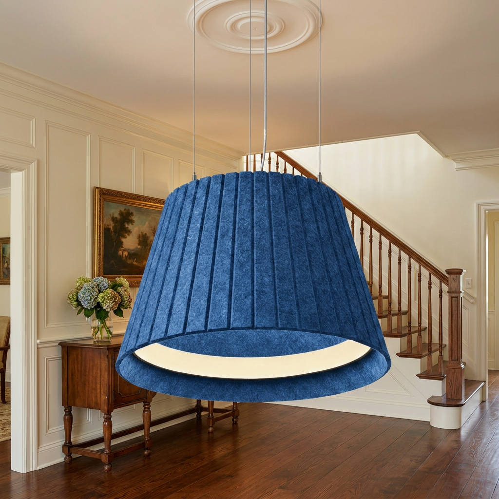 Calma blue pendant light in the entry foyer of a colonial style home