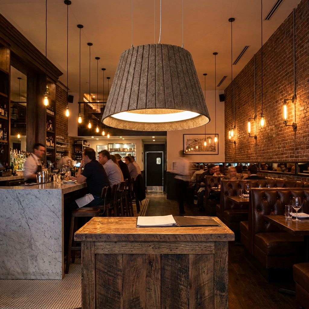 Calma brown pendant light over the host stand of an upscale bistro