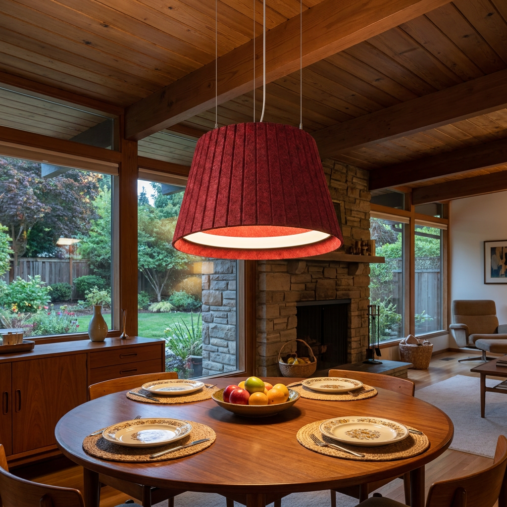 Calma red pendant light above the dining table of a mid-century ranch home