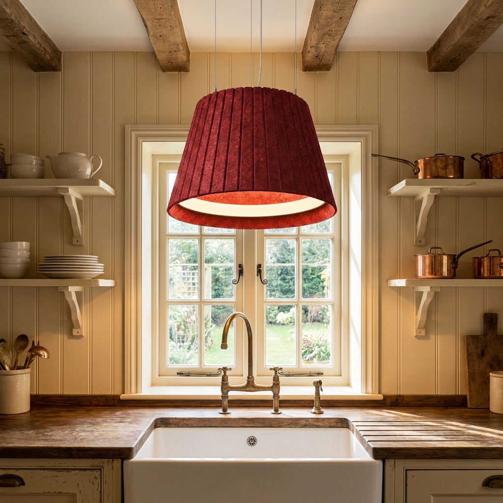 Calma red pendant light over a farmhouse sink in a cottage kitchen