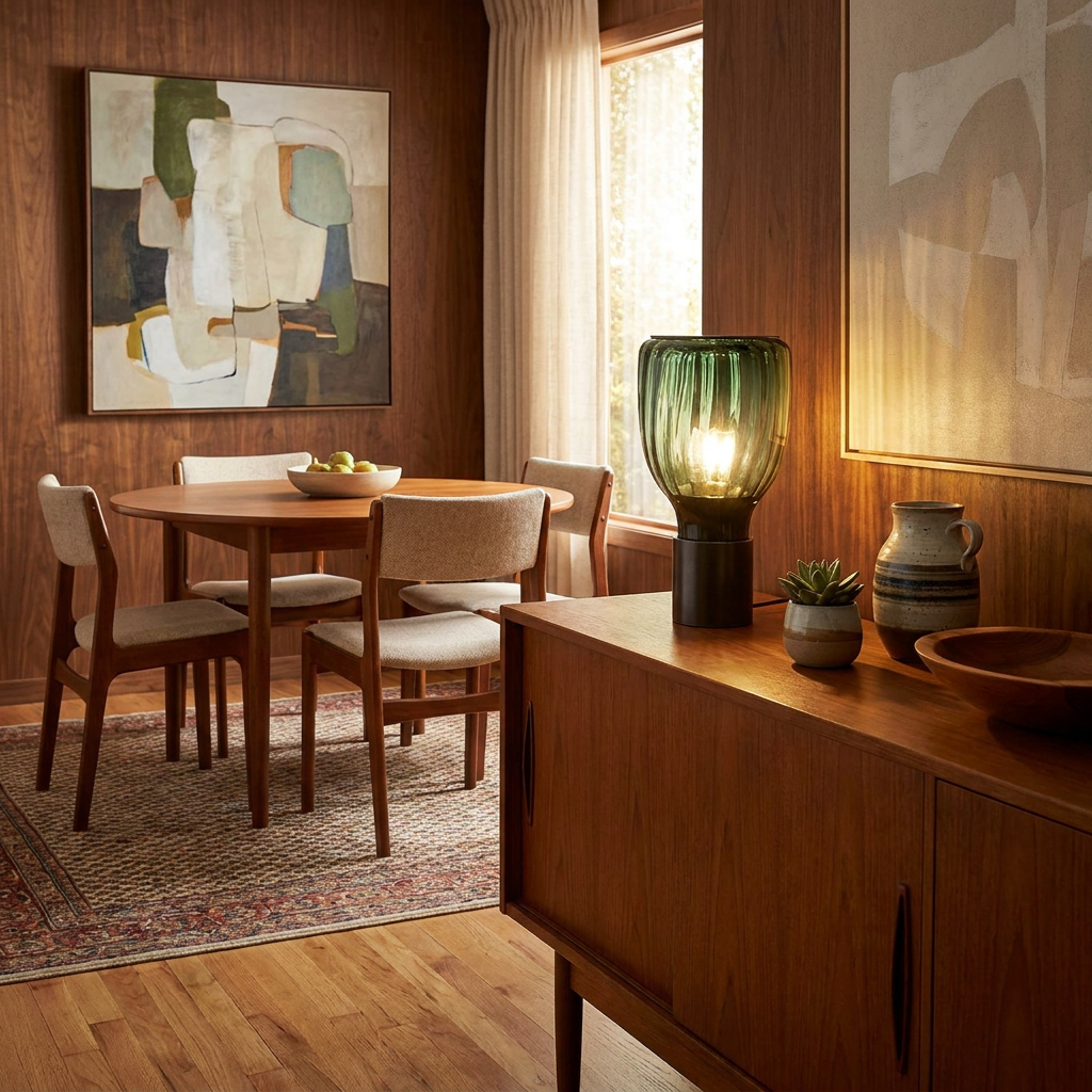 Verra green table lamp on a sideboard in a mid-century dining room