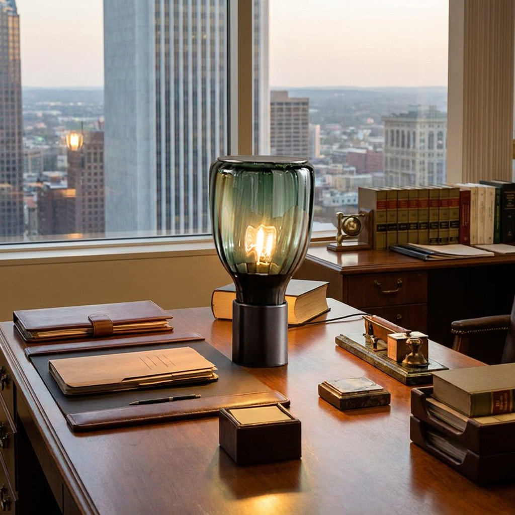 Verra green table lamp on a desk in a downtown law office with city views