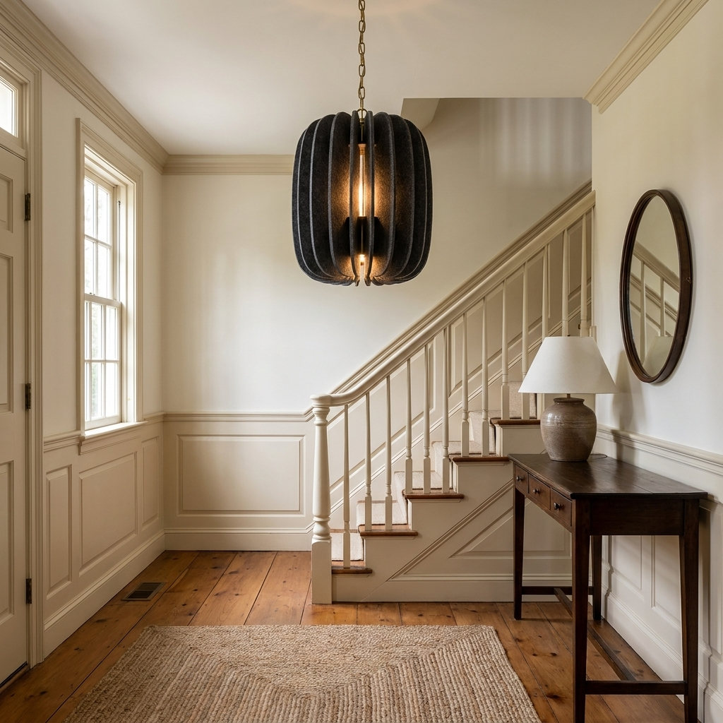 Lamelle oval graphite pendant light in the entry foyer of a colonial style home