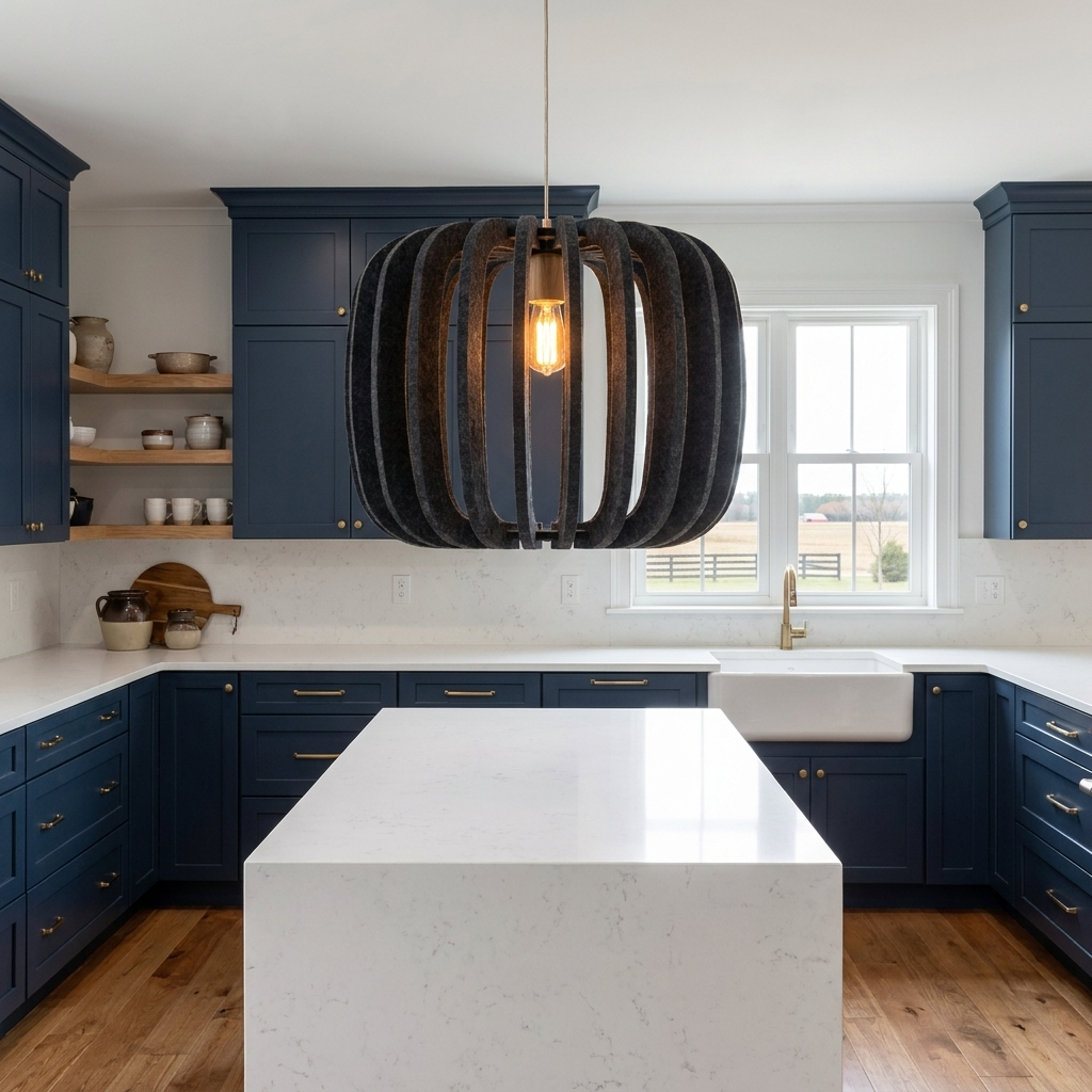 Lamelle round graphite pendant light over a white quartz kitchen island in a modern farmhouse with navy cabinets