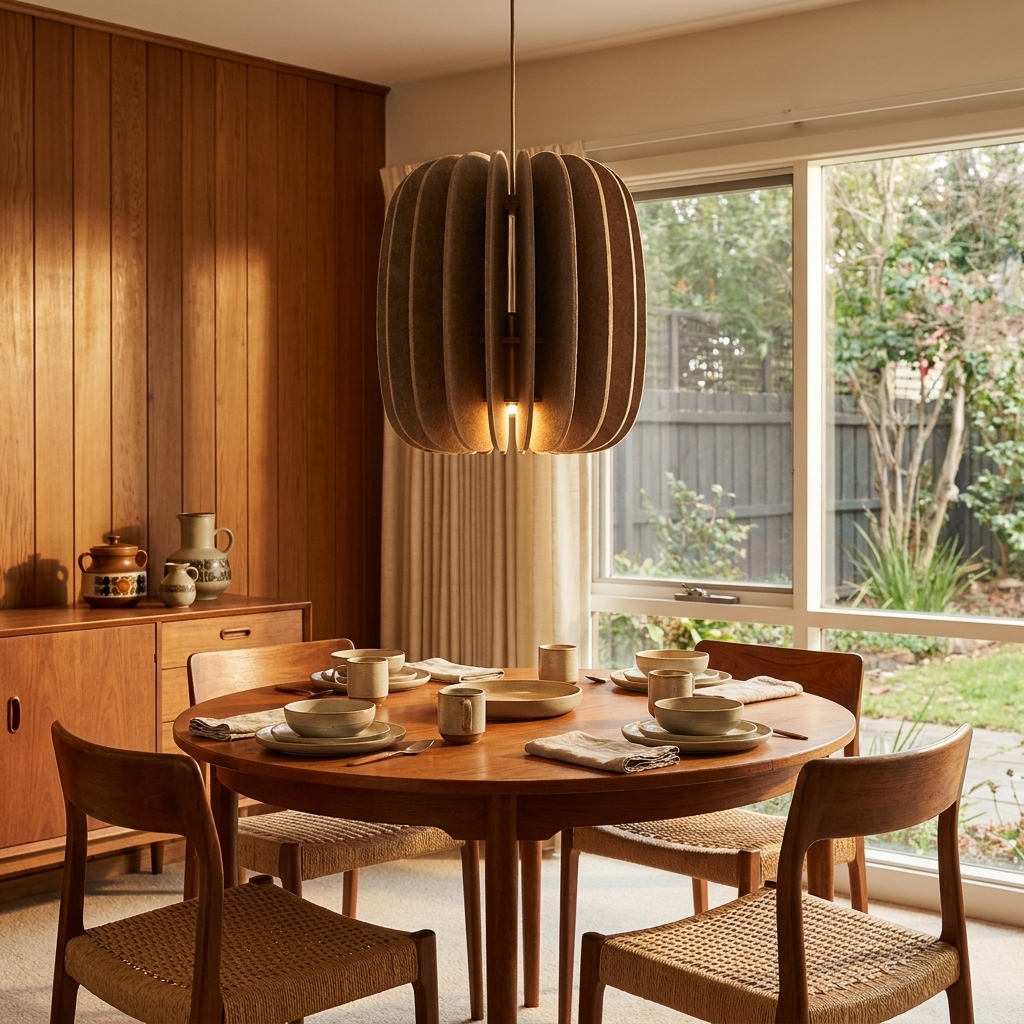 Lamelle oval brown pendant light above the dining table of a mid-century ranch home