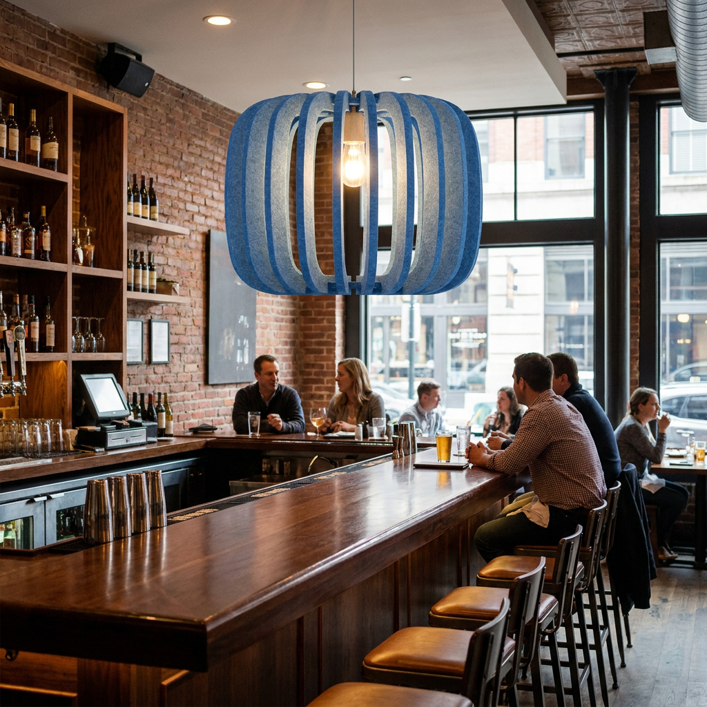 Lamelle round sky blue pendant light over the bar of a modern American restaurant