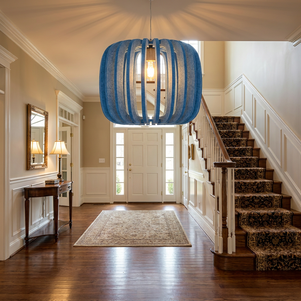 Lamelle round sky blue pendant light in the entry foyer of a colonial style home