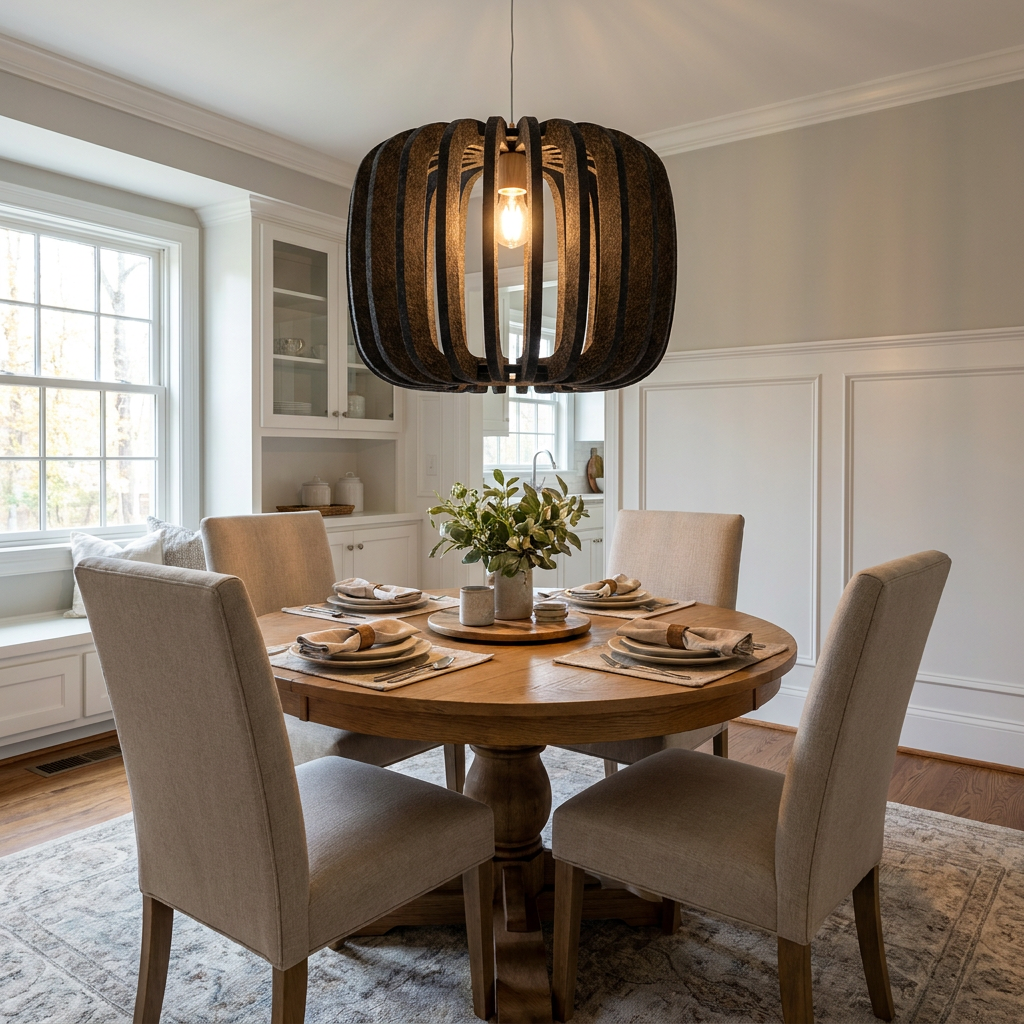 Lamelle round graphite pendant light above a round oak dining table in a transitional suburban home