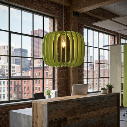 Lamelle round sage green pendant light over the reception desk of a creative office with city buildings outside