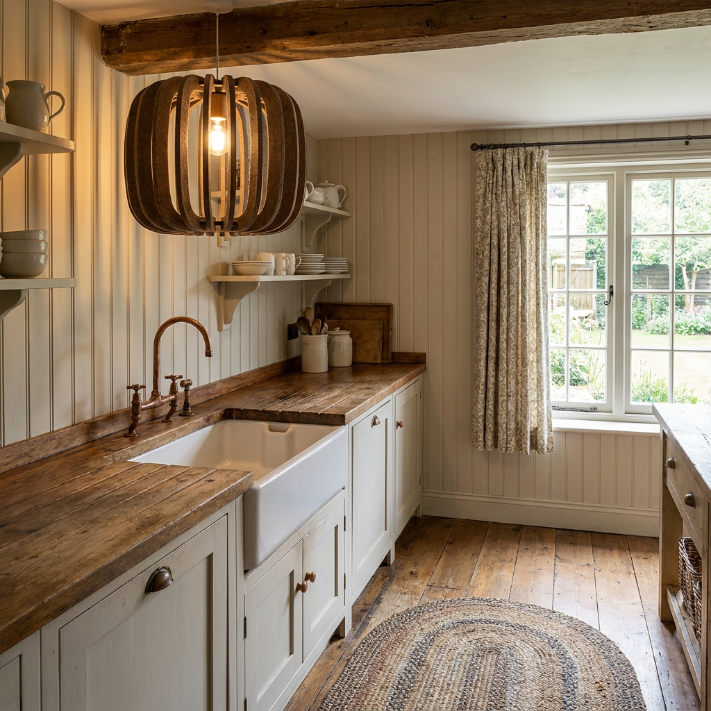 Lamelle round brown pendant light over a farmhouse sink in a cottage kitchen
