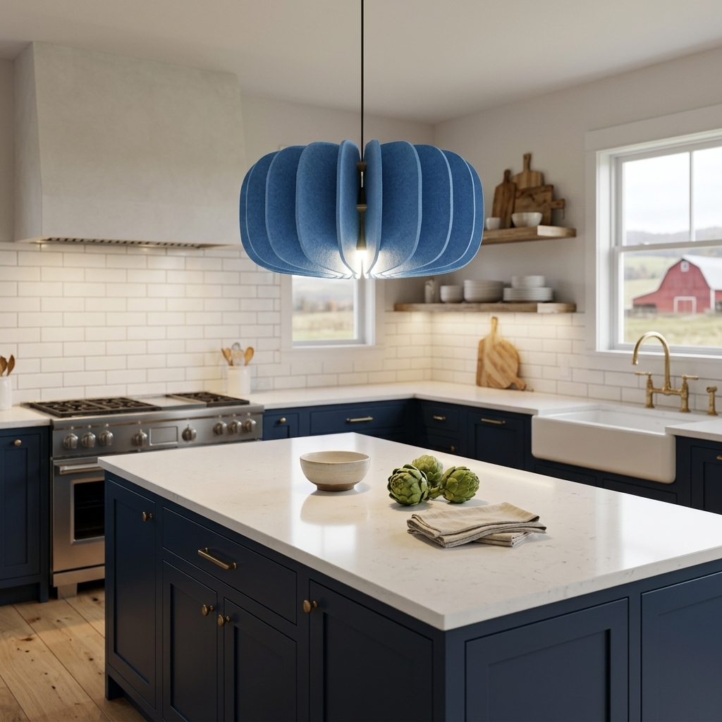 Lamelle disc sky blue pendant light over a white quartz kitchen island in a modern farmhouse with navy cabinets