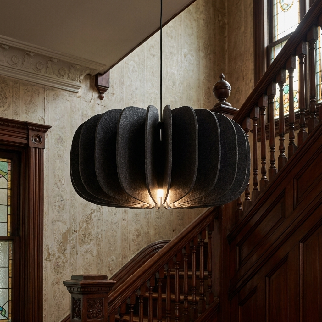 Lamelle disc graphite pendant light in the stairwell of a Victorian style home